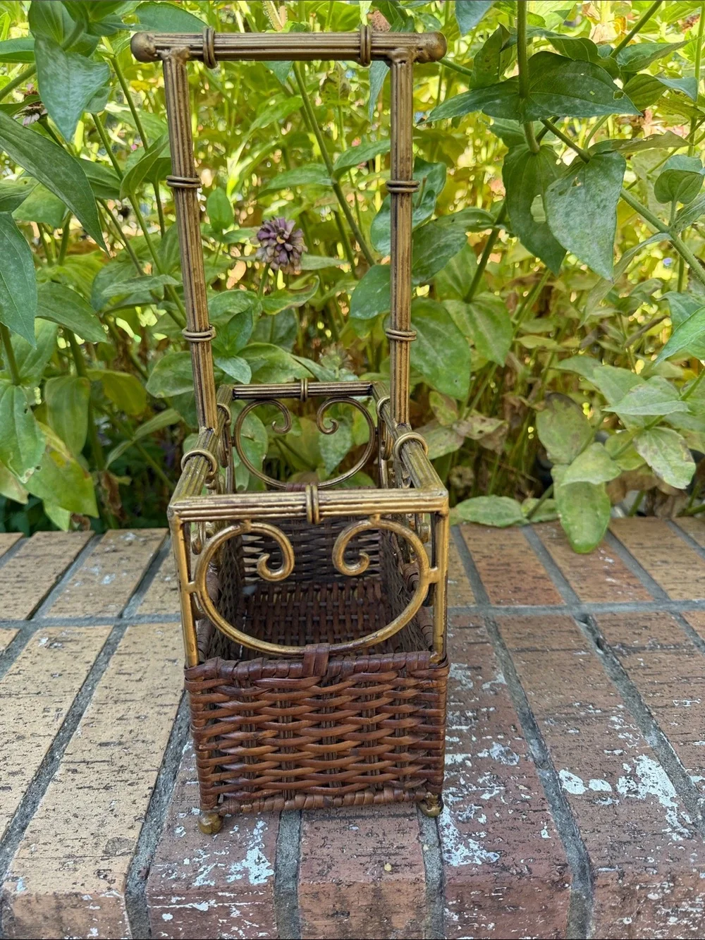 Vintage Wicker and Gold Metal Pineapple Accent Basket, Heavy- Brown and Gold